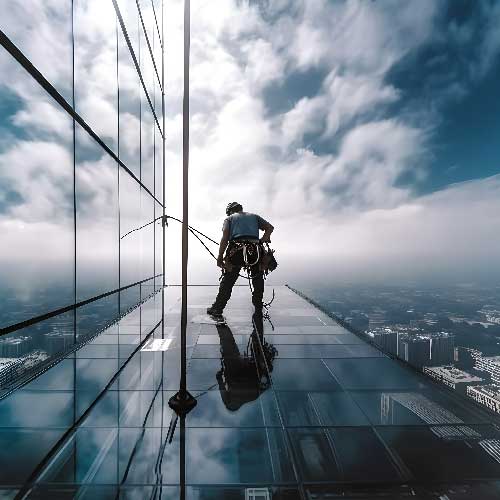 A window cleaner cleaning windows of a high rise building